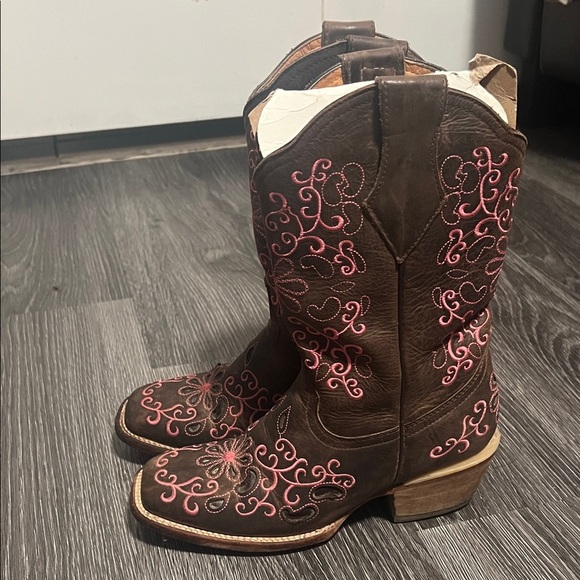 Brown and Pink Embroidered Cowboy Boots - Picture 2 of 5